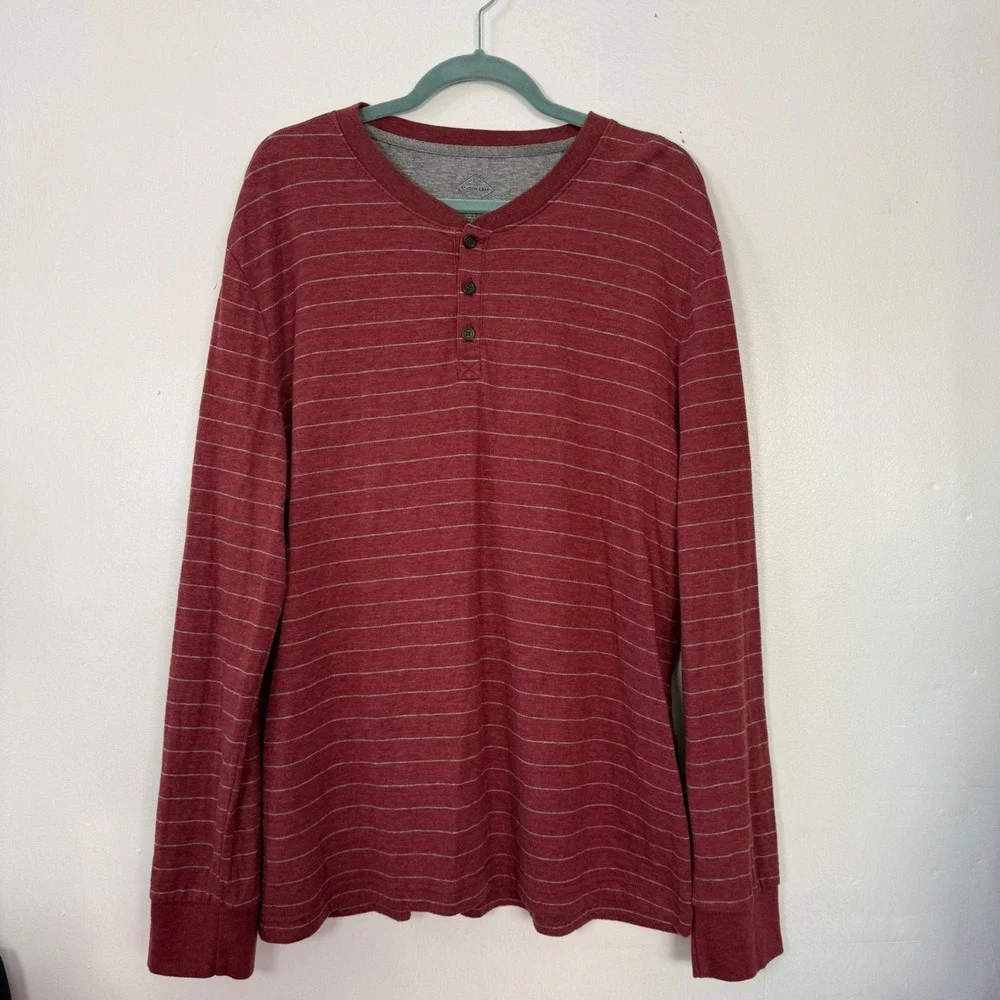 St Johns Bay Mens XL Henley Shirt Long Sleeve Burgundy Grey‎ Striped Super Soft
